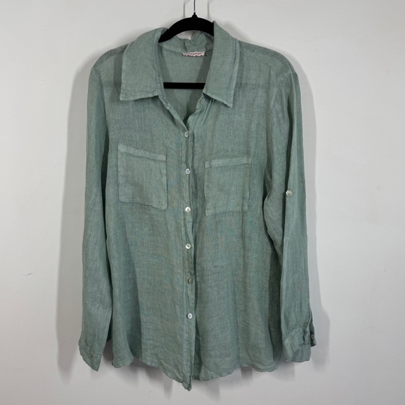 Talia Benson Womens Light Green Casual 100% Linen Button Down Long Sleeve Shirt - Picture 2 of 13